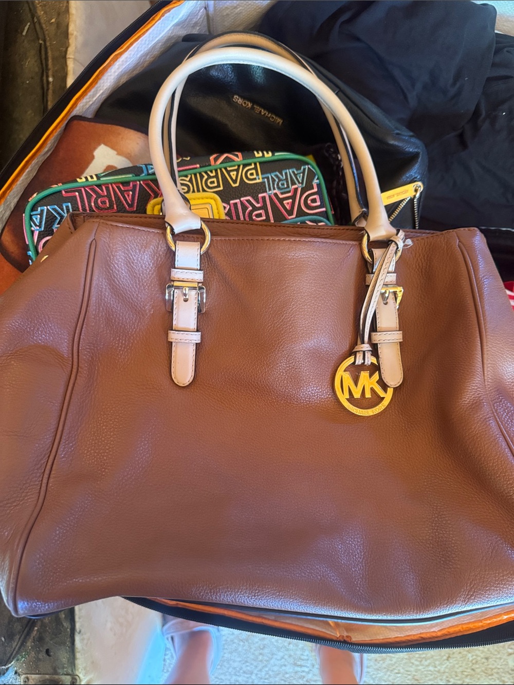 Michael Kors Brown Leather Tote with Cream Handles and Gold Hardware